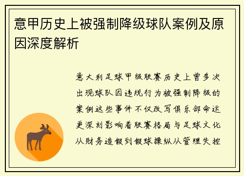 意甲历史上被强制降级球队案例及原因深度解析